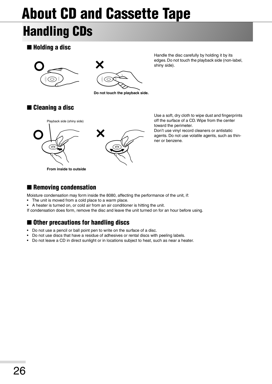 Eiki 8080 owner manual About CD and Cassette Tape, Handling CDs 