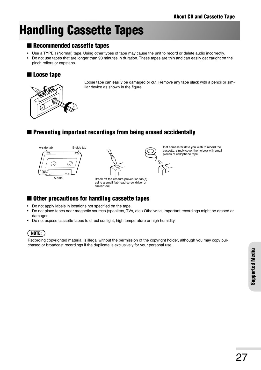 Eiki 8080 Handling Cassette Tapes, Recommended cassette tapes, Loose tape, Other precautions for handling cassette tapes 