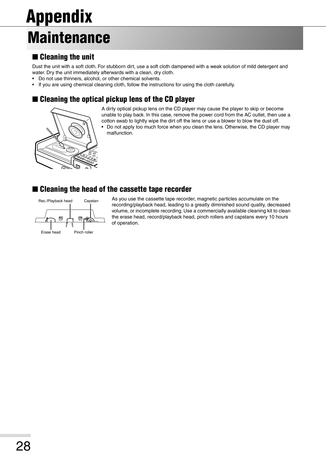 Eiki 8080 owner manual Appendix, Maintenance, Cleaning the unit, Cleaning the optical pickup lens of the CD player 