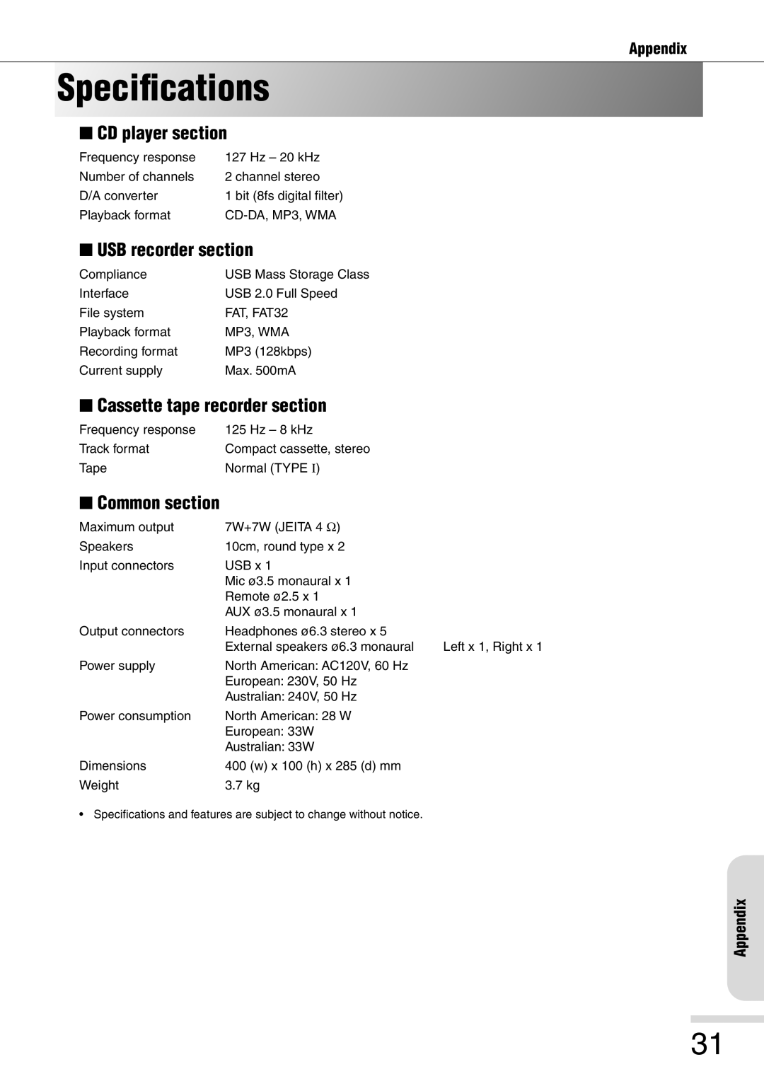 Eiki 8080 Speciﬁcations, CD player section, USB recorder section, Cassette tape recorder section, Common section 