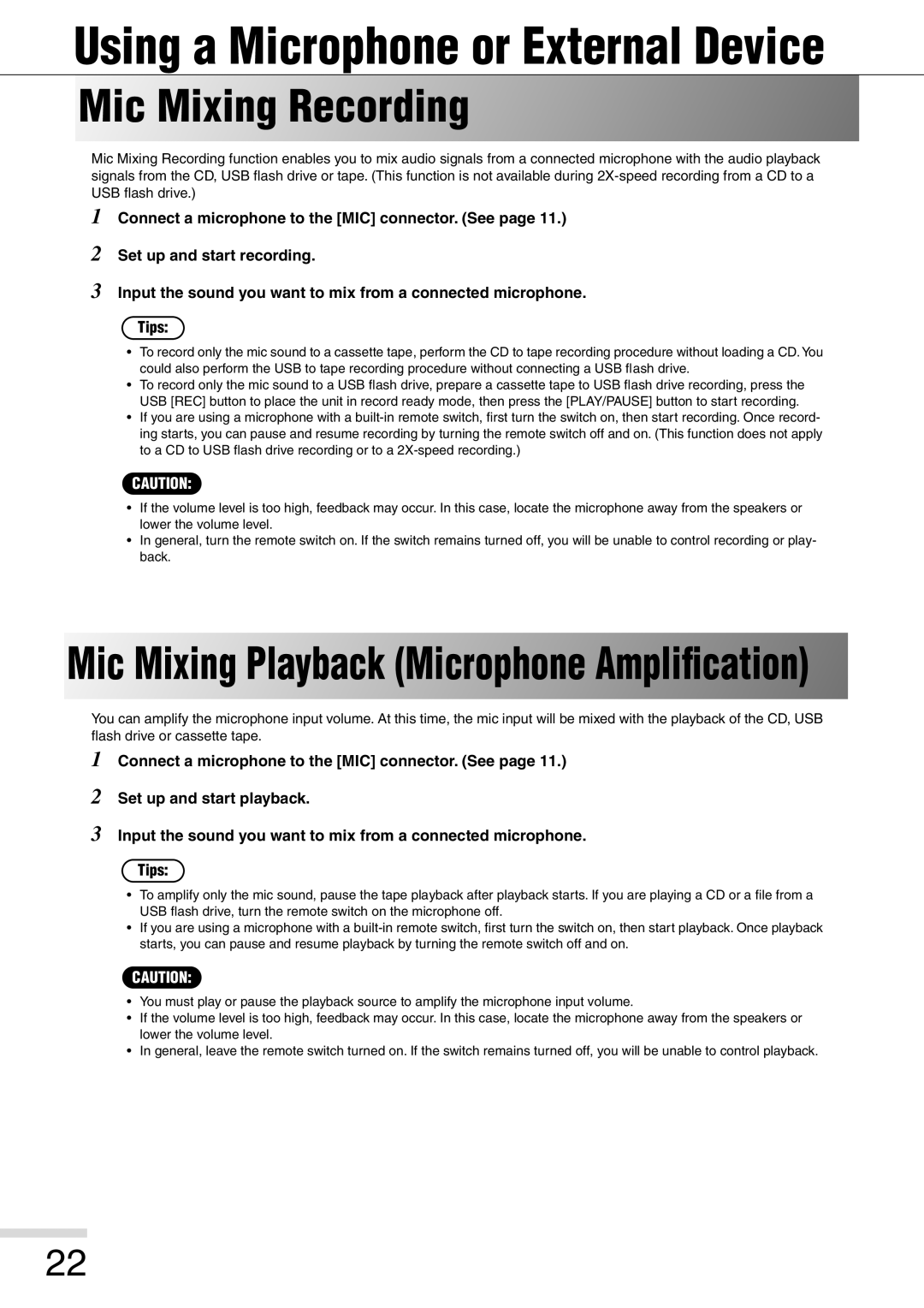 Eiki 8080 Mic Mixing Recording, Mic Mixing Playback Microphone Ampliﬁcation, Using a Microphone or External Device, 1 2 3 