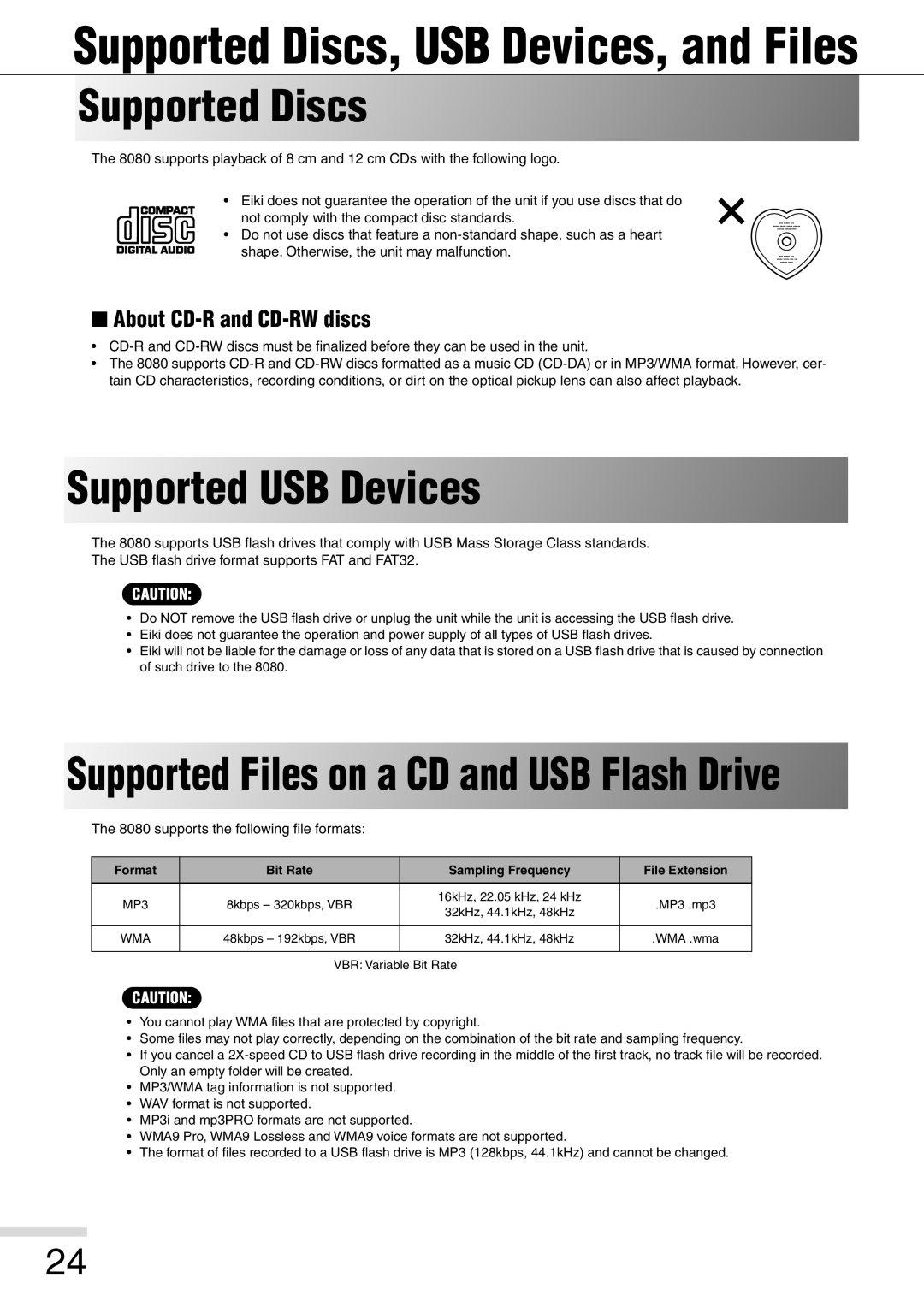 Eiki 8080 Supported Discs, USB Devices, and Files, Supported USB Devices, Supported Files on a CD and USB Flash Drive 
