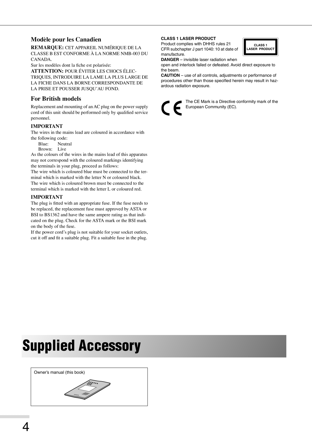 Eiki 8080 owner manual Supplied Accessory, Modèle pour les Canadien, For British models 