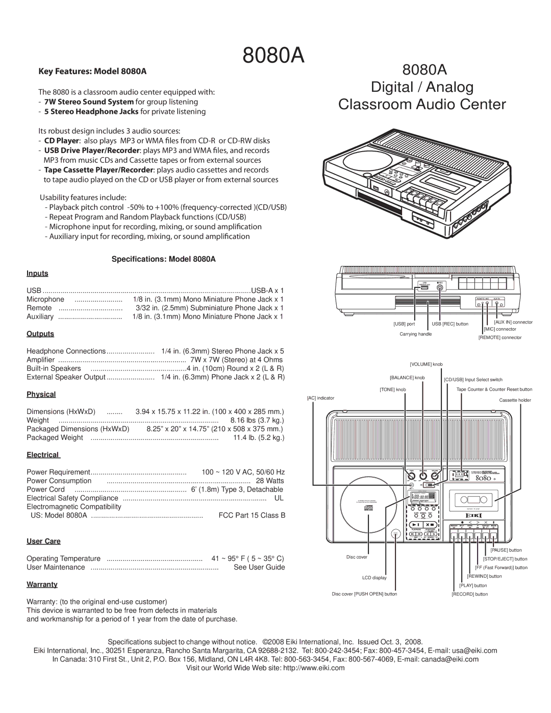 Eiki specifications Specifications Model 8080A Inputs, Outputs, Physical, Electrical, User Care, Warranty 