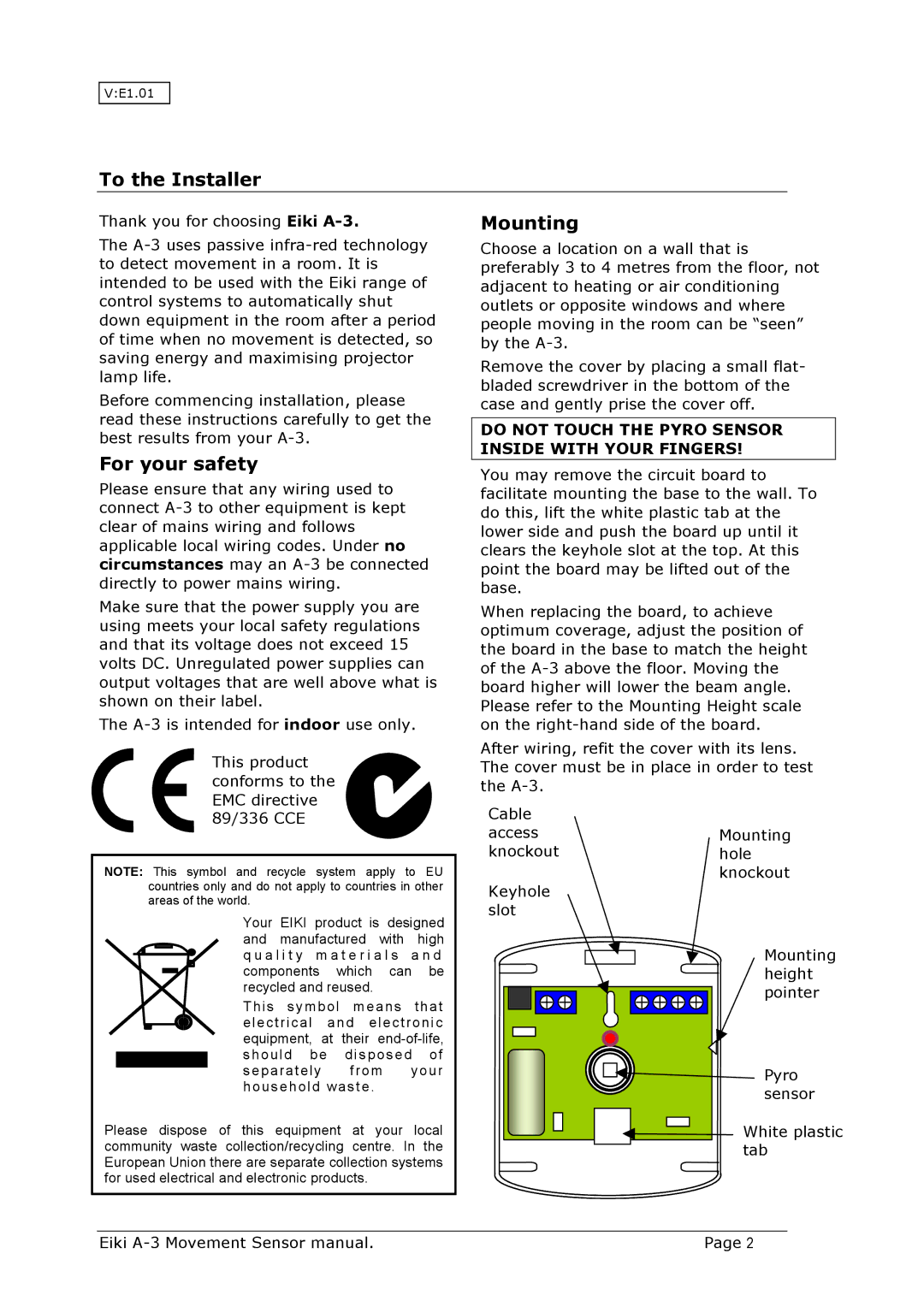 Eiki A-3 instruction manual To the Installer, Mounting, For your safety 