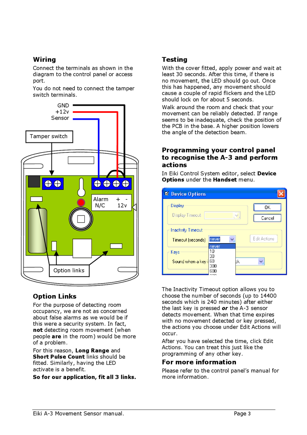 Eiki A-3 instruction manual Wiring, Option Links, Testing, For more information 