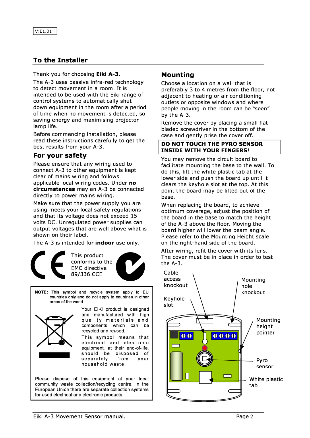 Eiki instruction manual To the Installer, Mounting, For your safety, Thank you for choosing Eiki A-3 