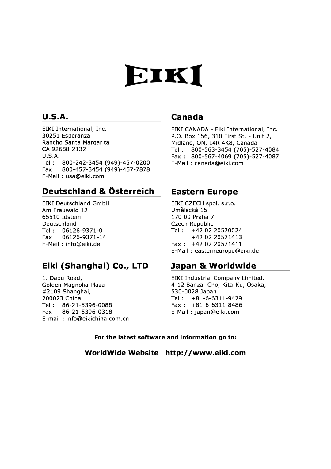 Eiki A-6 instruction manual U.S.A, Deutschland & Österreich, Canada, Eastern Europe, Japan & Worldwide 