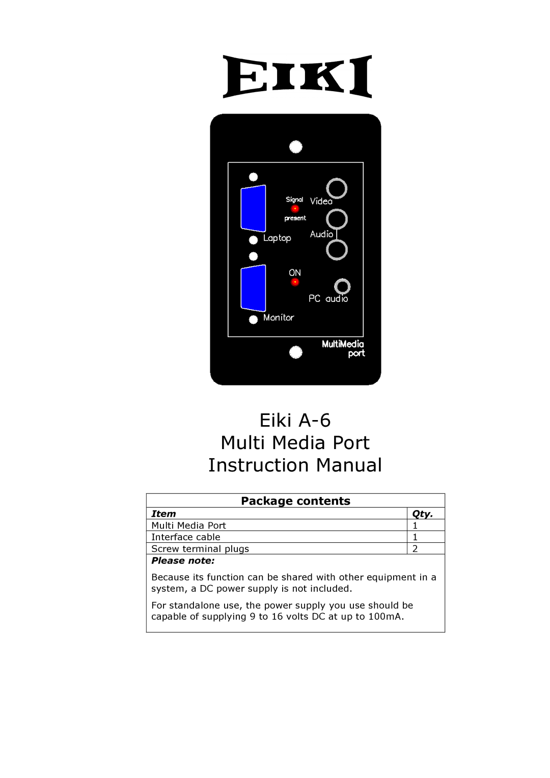 Eiki instruction manual Eiki A-6 Multi Media Port, Package contents 