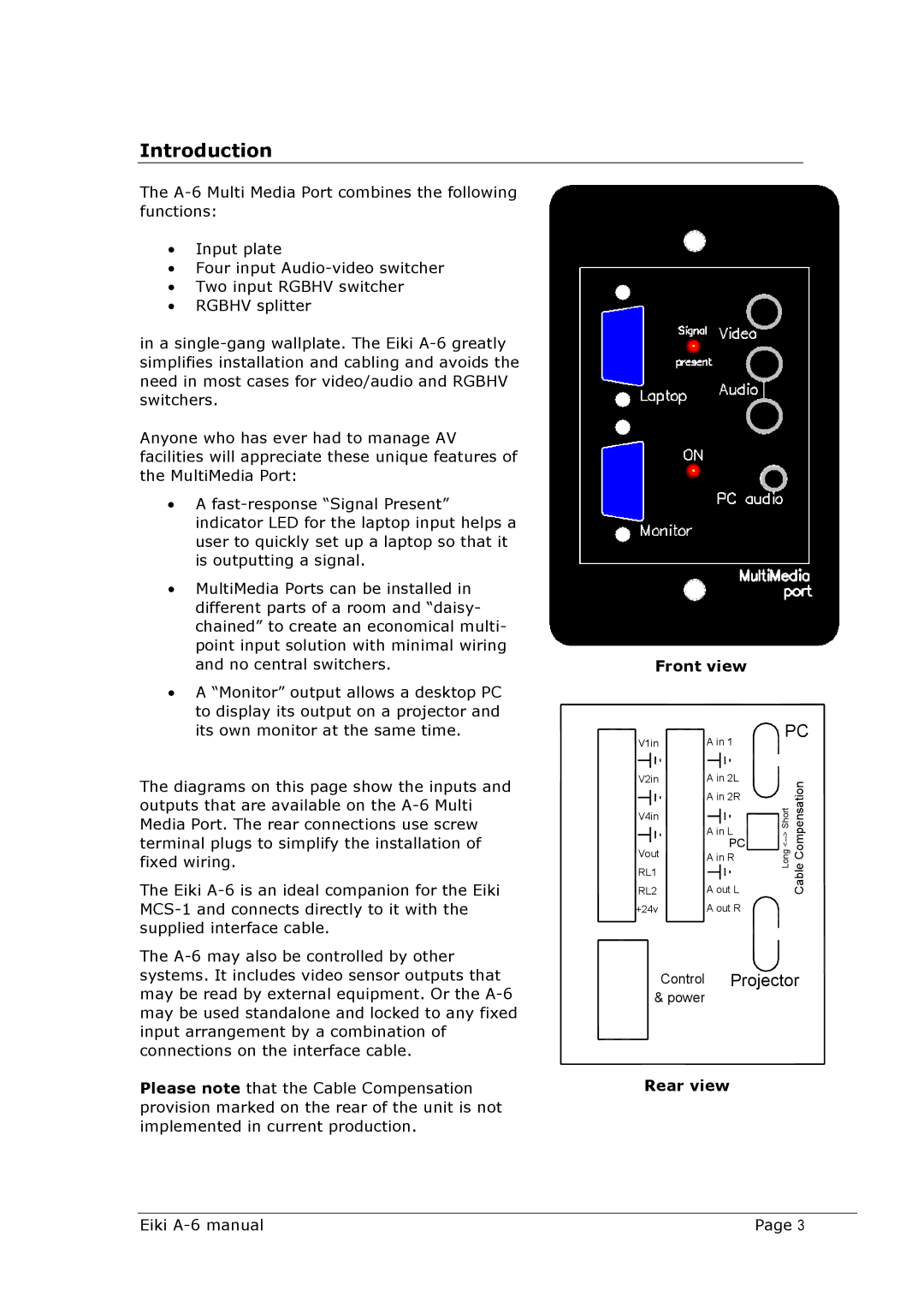 Eiki A-6 instruction manual Introduction, Front view, Rear view 