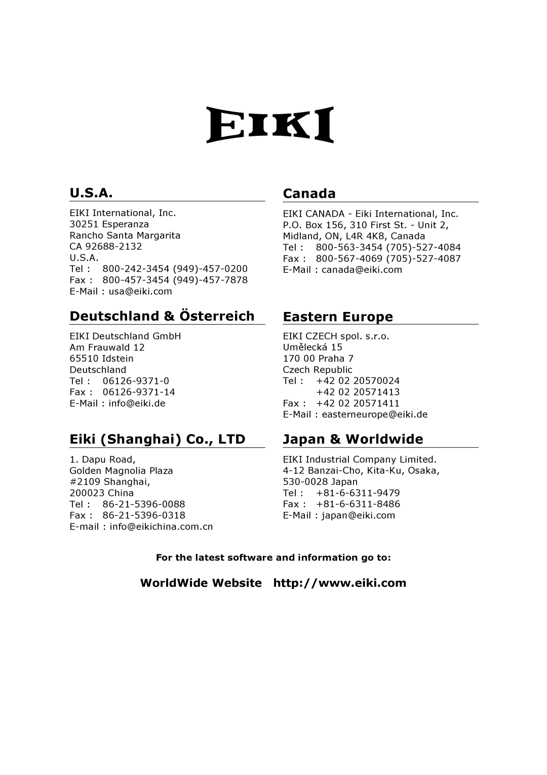 Eiki A-6 instruction manual Deutschland & Österreich, For the latest software and information go to 