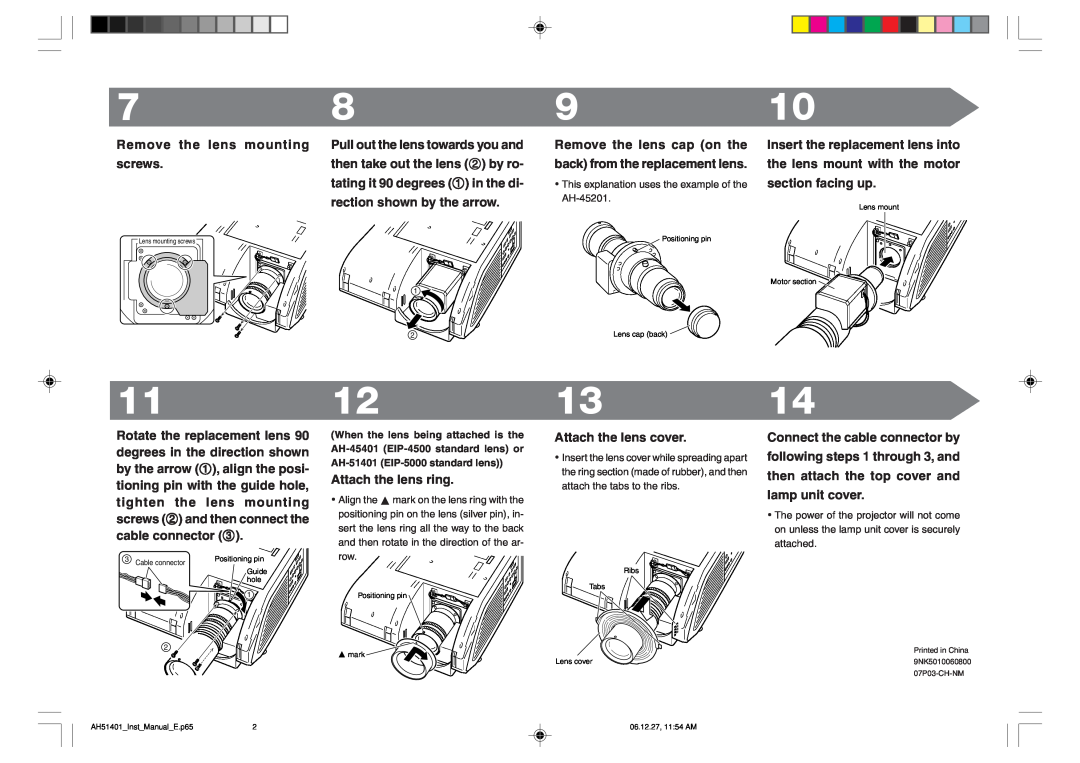 Eiki AH-45401, AH-51401 installation manual Remove the lens mounting 