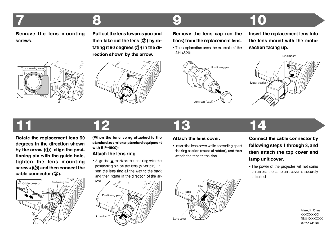 Eiki AH-45501, AH-45701, AH-45601, AH-45301, AH-45201 Remove the lens mounting, Attach the lens ring, Attach the lens cover 