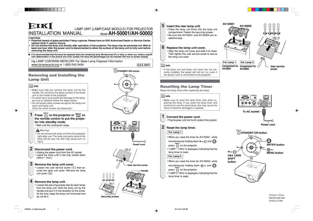 Eiki installation manual Installation Manual, Model AH-50001/AH-50002, Removing and Installing the Lamp Unit, Info 