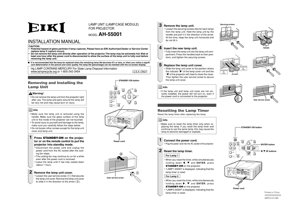Eiki installation manual MODEL AH-55001, Installation Manual, Removing and Installing the Lamp Unit, Info, For Lamp 