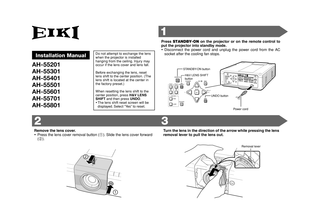 Eiki AH-55501, AH-55701, AH-55601, AH-55201 installation manual Remove the lens cover, Removal lever to pull the lens out 