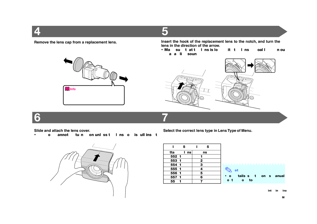 Eiki AH-55601, AH-55701, AH-55501 Remove the lens cap from a replacement lens, Slide and attach the lens cover, Info 