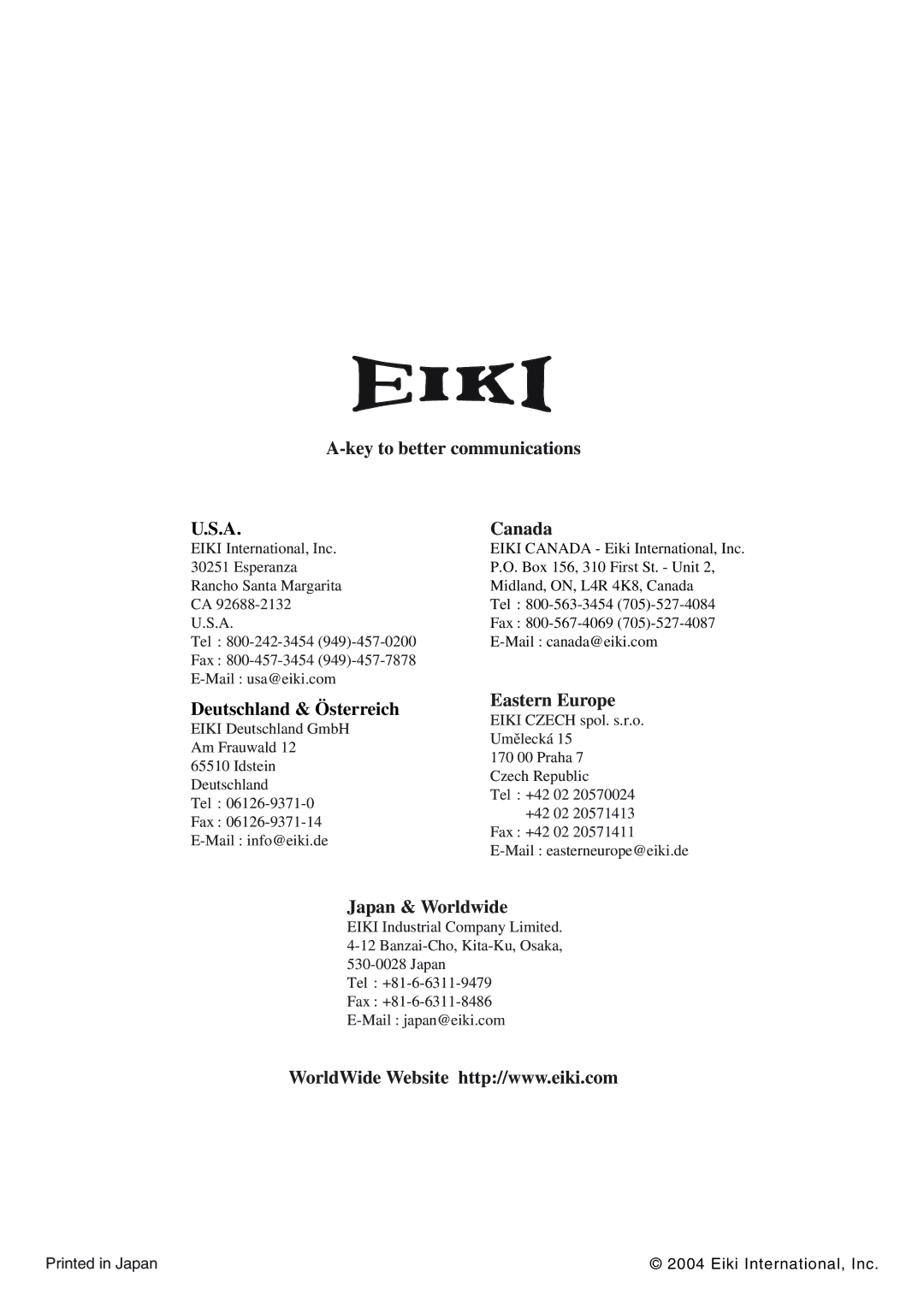 Eiki AH-69601 owner manual Key to better communications Canada 