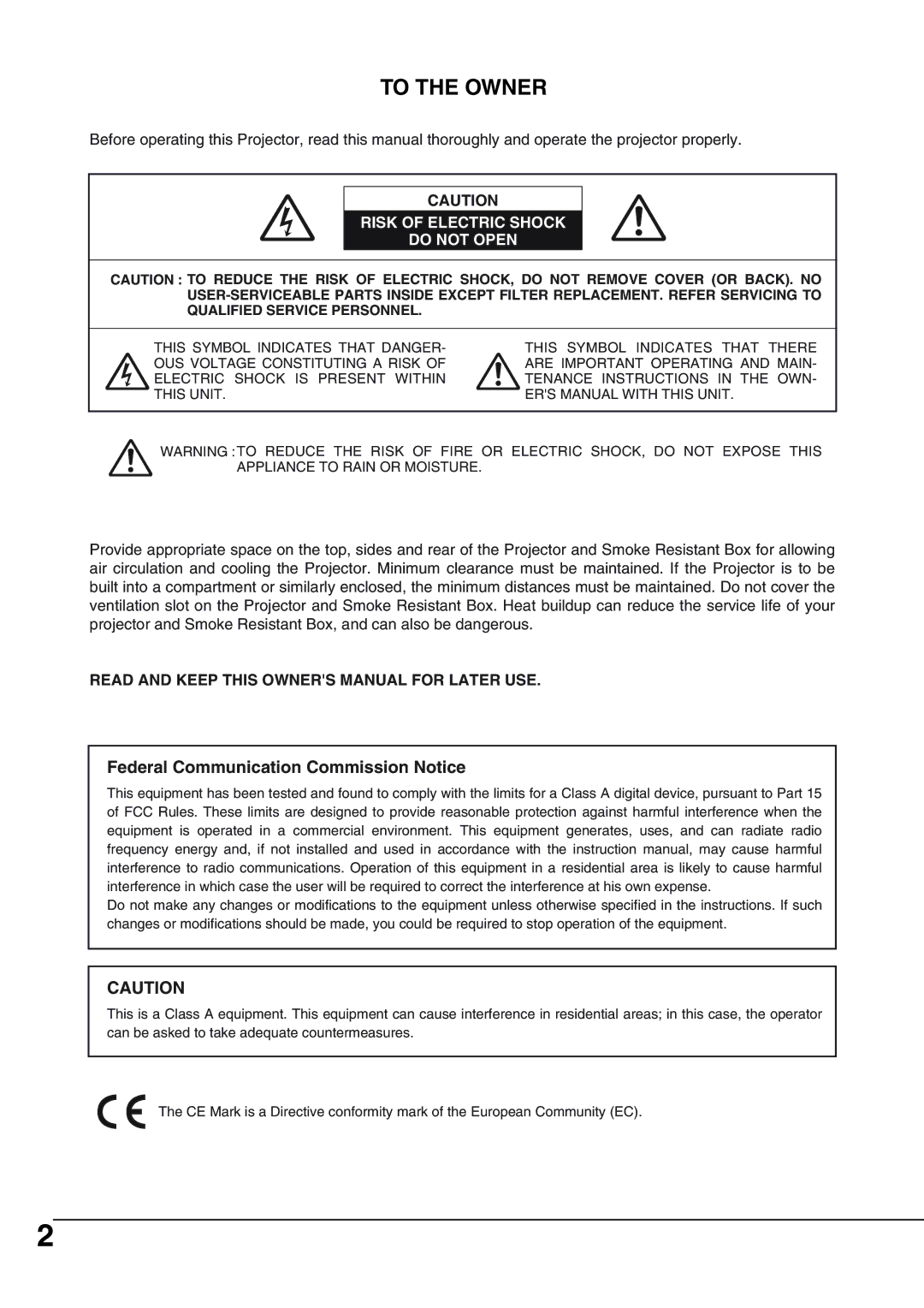 Eiki AH-69601 owner manual To the Owner, Risk of Electric Shock Do not Open 