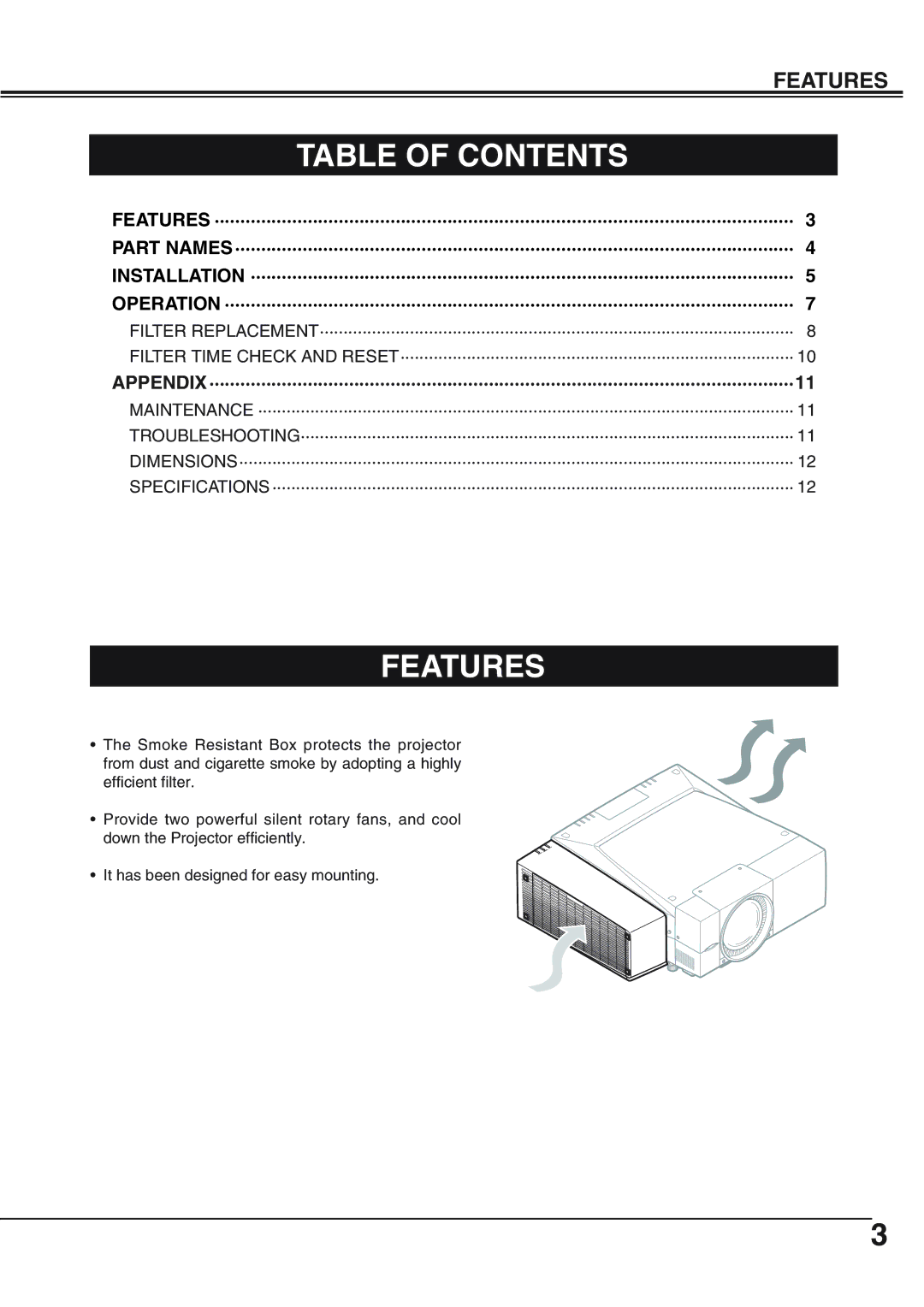 Eiki AH-69601 owner manual Table of Contents, Features 