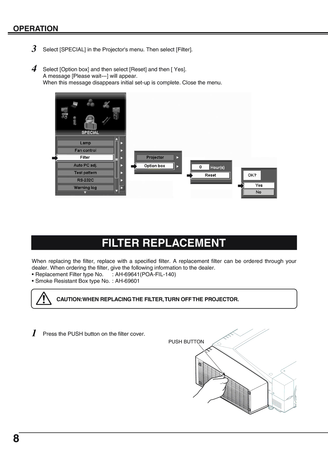 Eiki AH-69601 owner manual Filter Replacement 