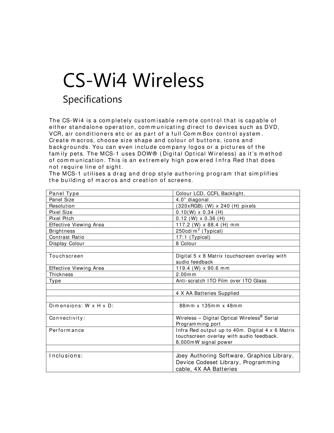 Eiki specifications CS-Wi4 Wireless, Specifications, Inclusions 