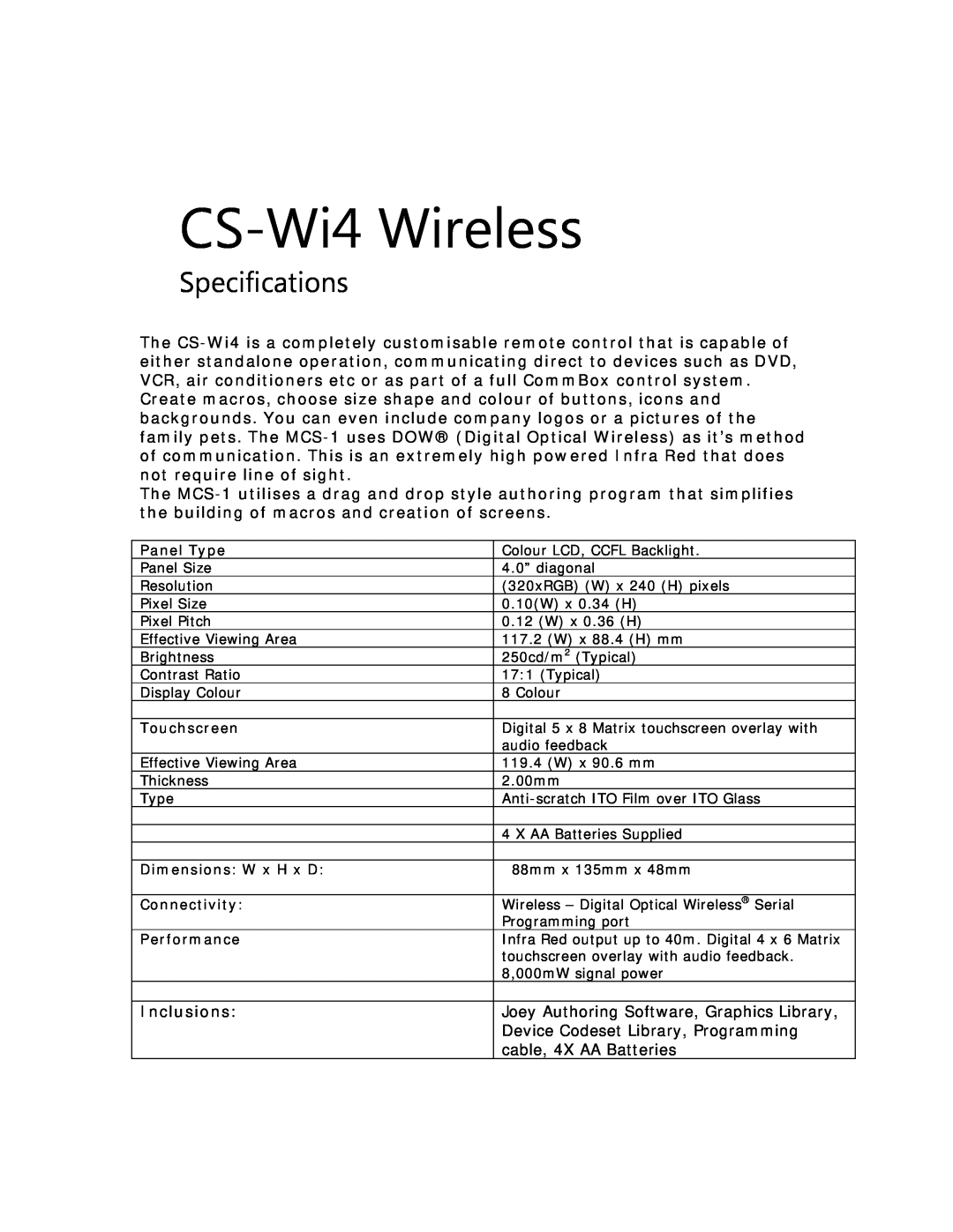 Eiki specifications CS-Wi4 Wireless, Specifications 
