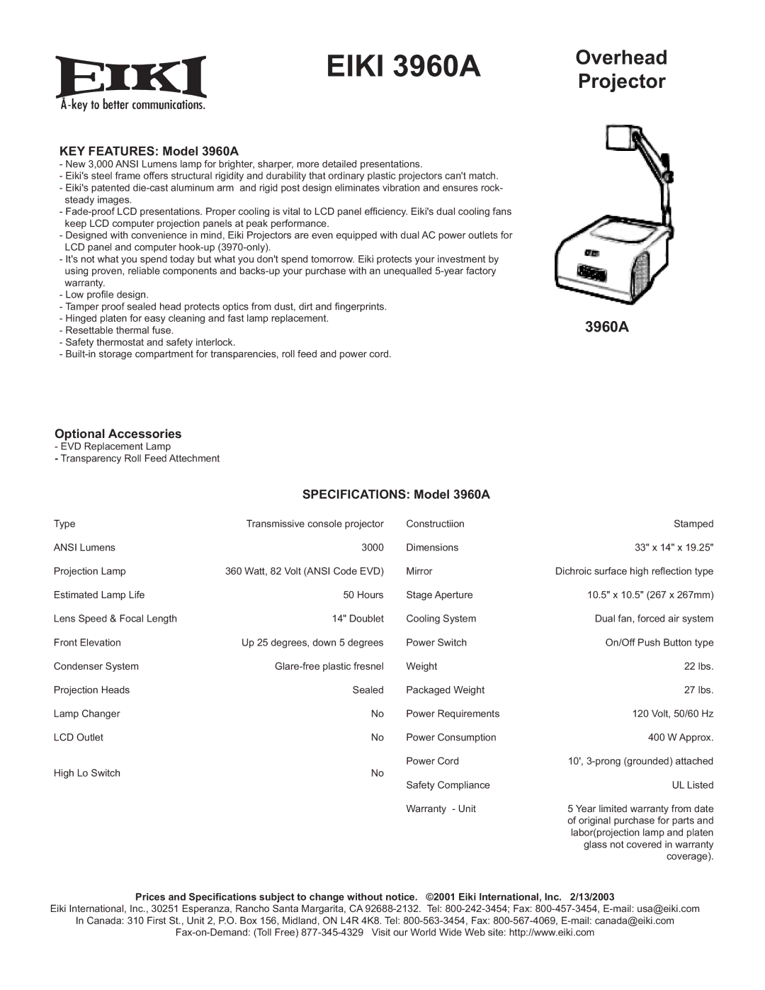 Eiki Eiki 3960A specifications Overhead Projector 