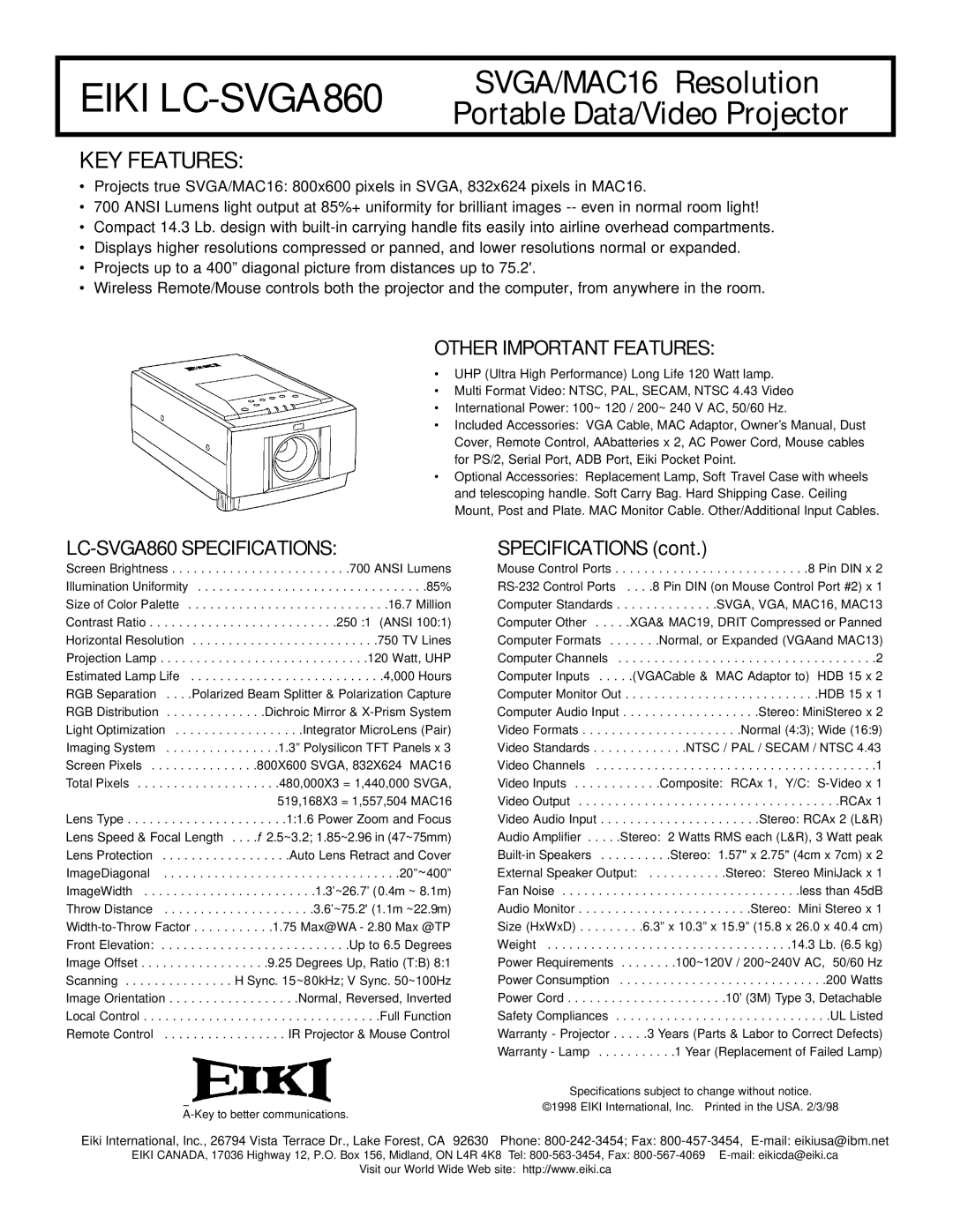 Eiki EIKI LC-SVGA860 specifications Eiki LC-SVGA860, SVGA/MAC16 Resolution, Portable Data/Video Projector, KEY Features 