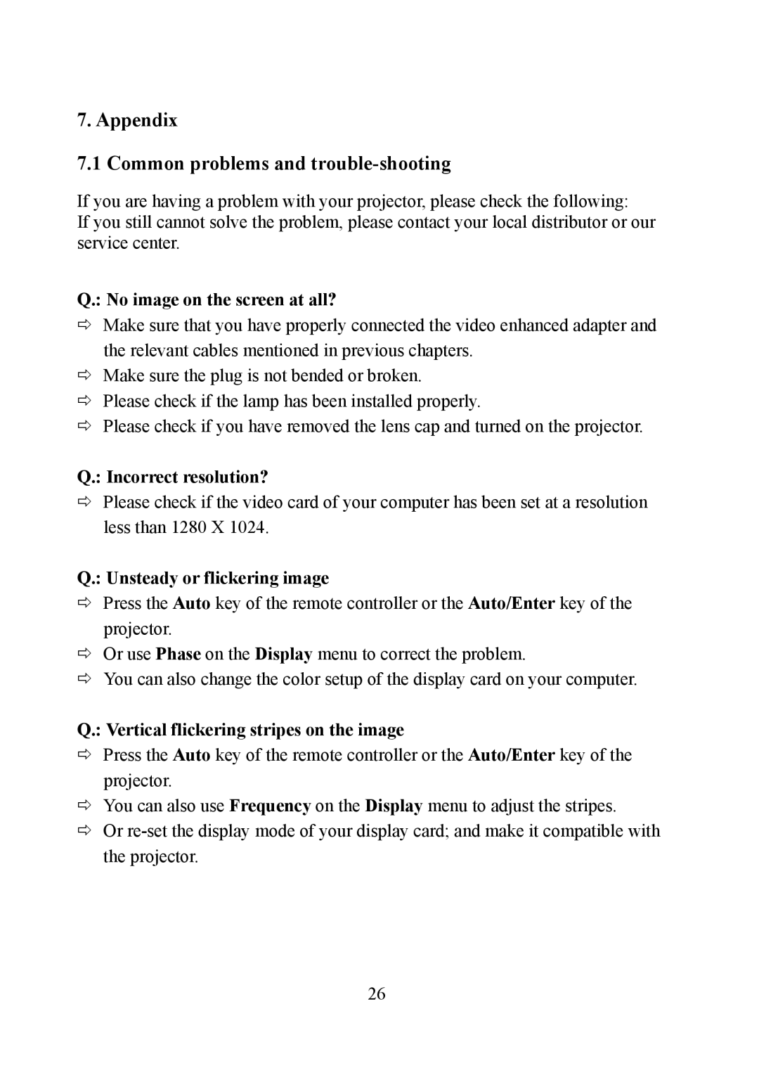 Eiki EIP-1 manual Appendix Common problems and trouble-shooting, No image on the screen at all?, Incorrect resolution? 