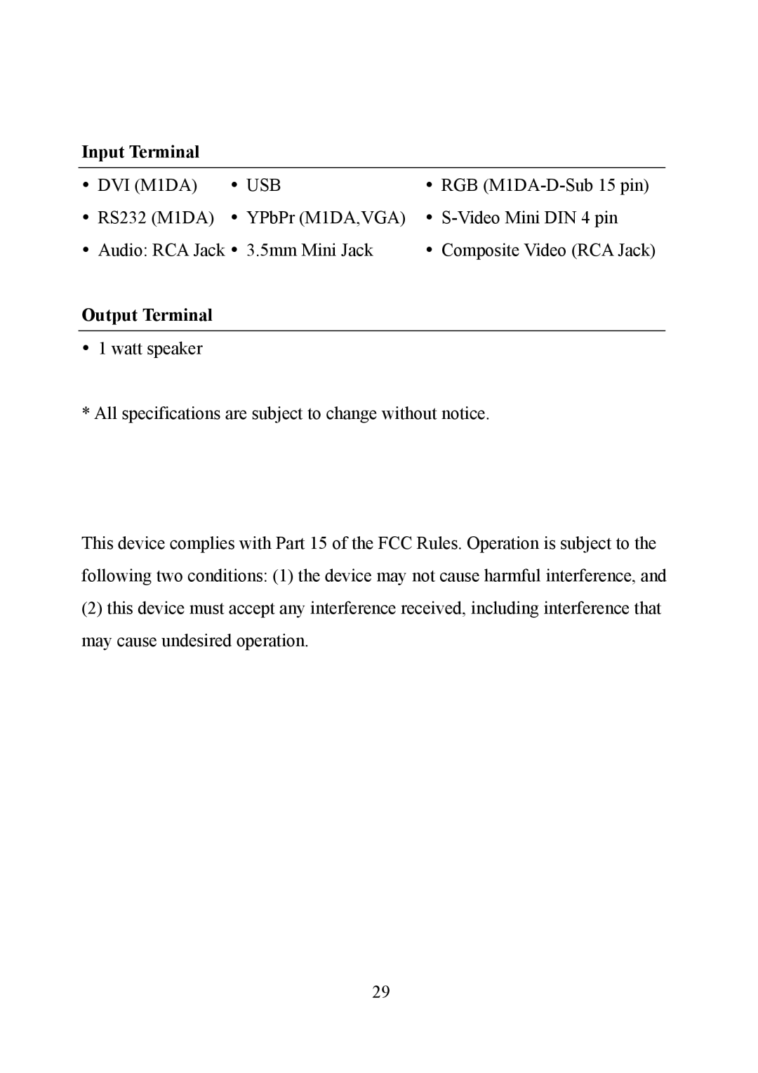 Eiki EIP-1 manual Input Terminal, Output Terminal 