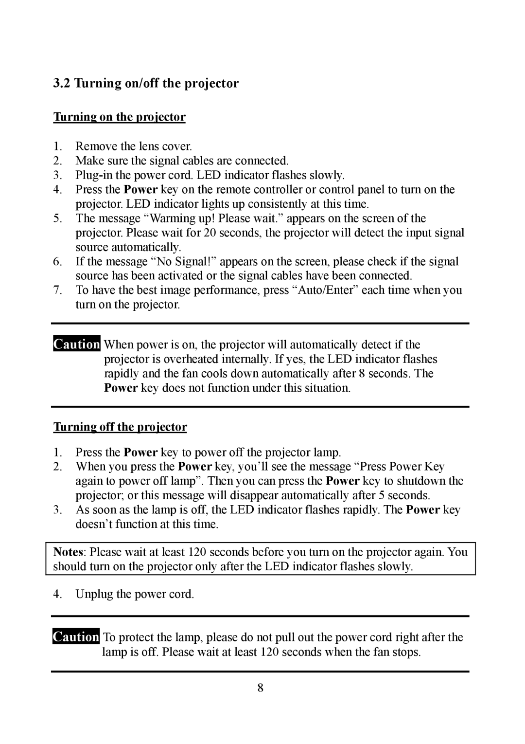 Eiki EIP-1 manual Turning on/off the projector, Turning on the projector, Turning off the projector 