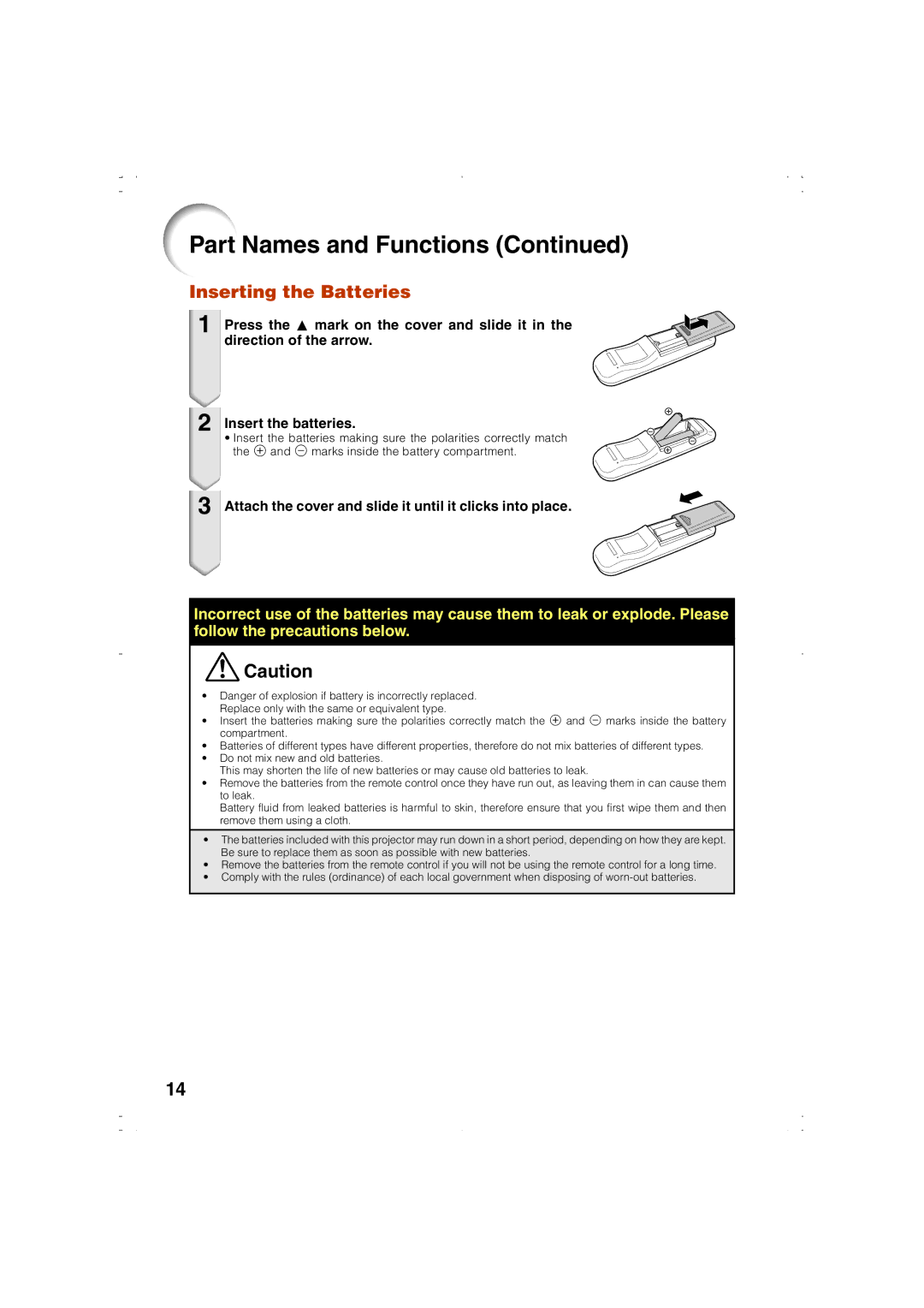 Eiki EIP-1000T owner manual Inserting the Batteries, Attach the cover and slide it until it clicks into place 