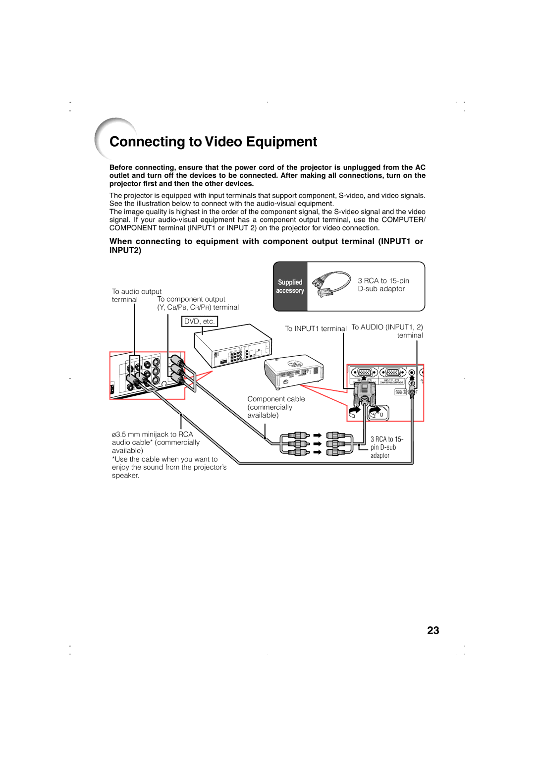 Eiki EIP-1000T owner manual Connecting to Video Equipment, To audio output, Sub adaptor 