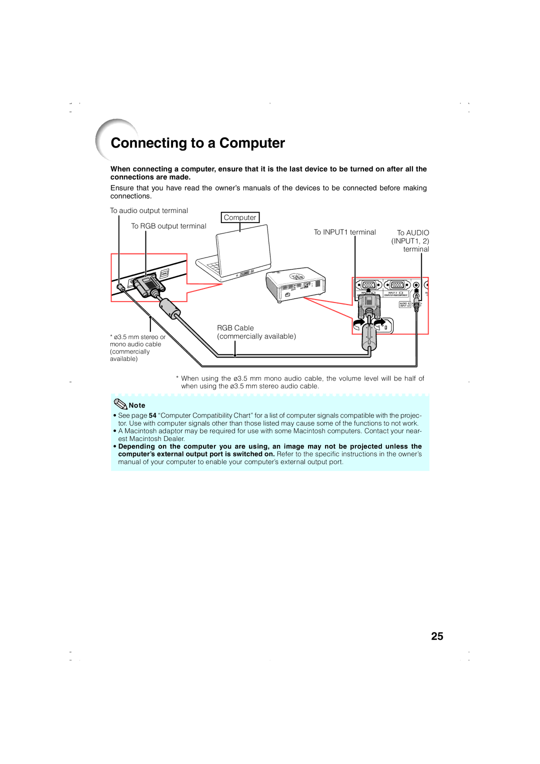 Eiki EIP-1000T owner manual Connecting to a Computer, To audio output terminal To RGB output terminal Computer 