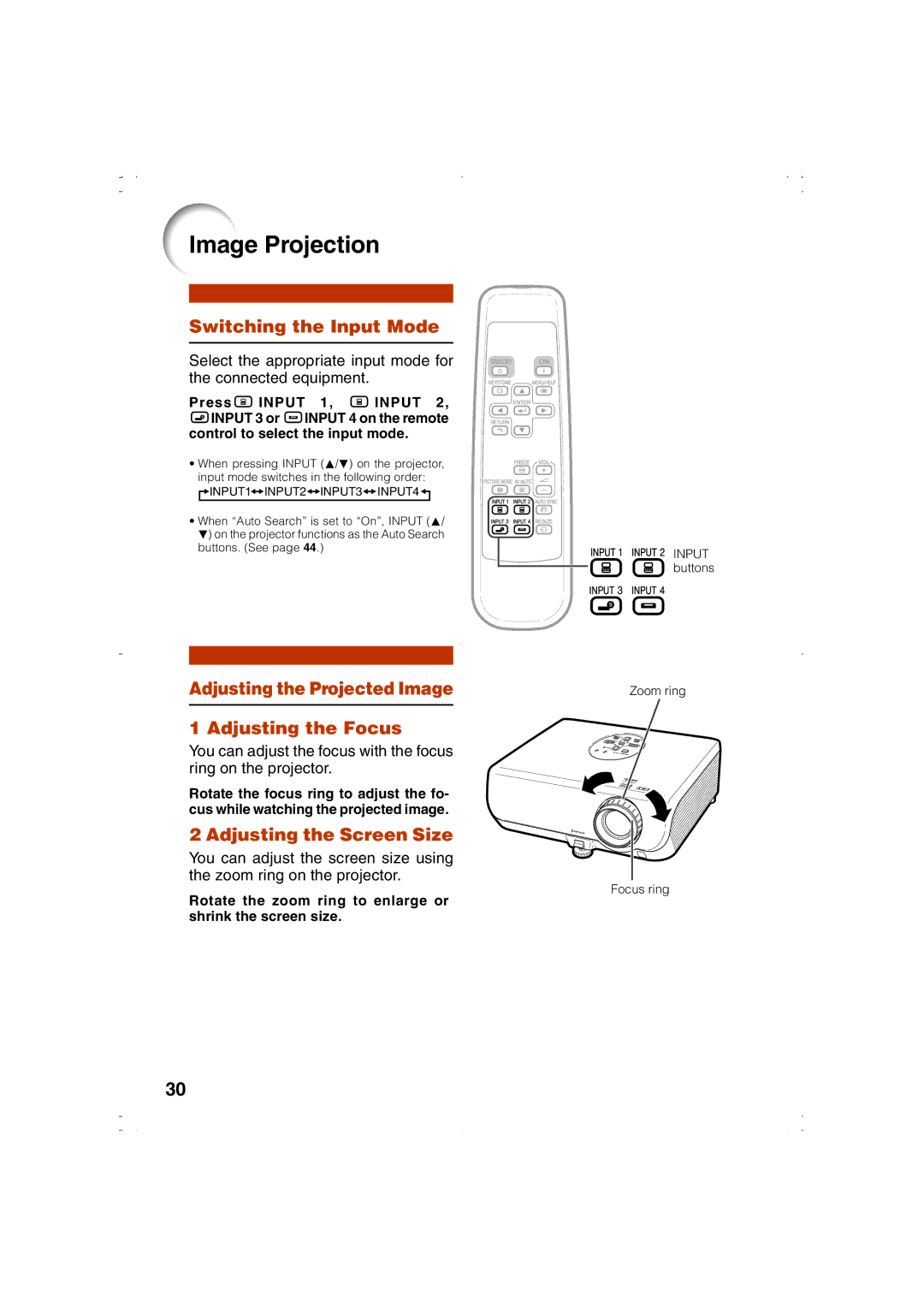 Eiki EIP-1000T owner manual Image Projection, Switching the Input Mode, Adjusting the Projected Image Adjusting the Focus 