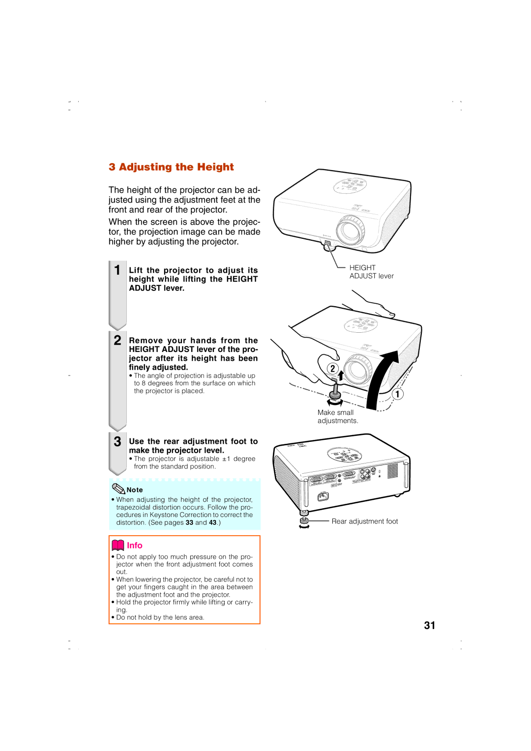 Eiki EIP-1000T owner manual Adjusting the Height, Use the rear adjustment foot to make the projector level 