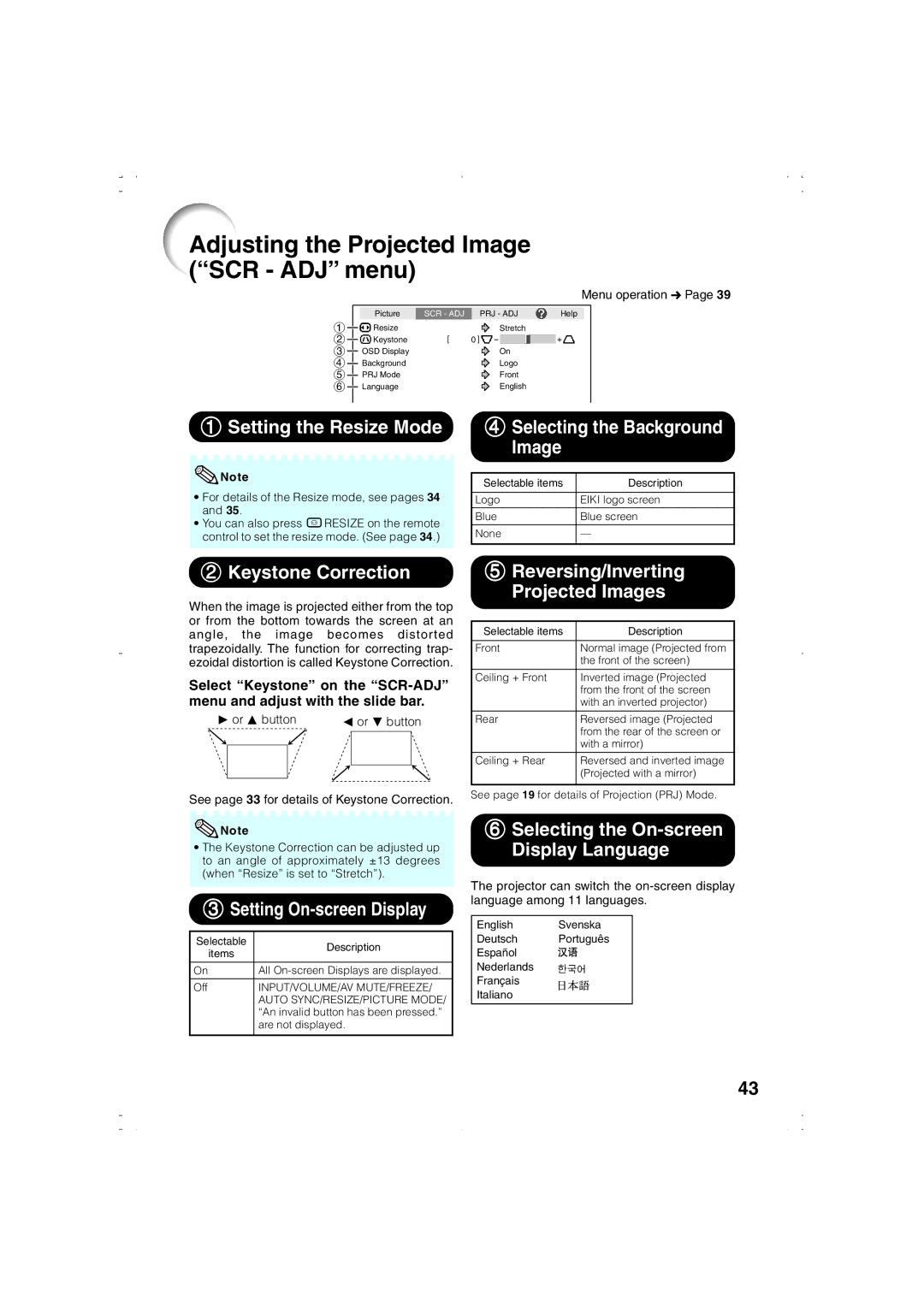 Eiki EIP-1000T owner manual Adjusting the Projected Image SCR ADJ menu 