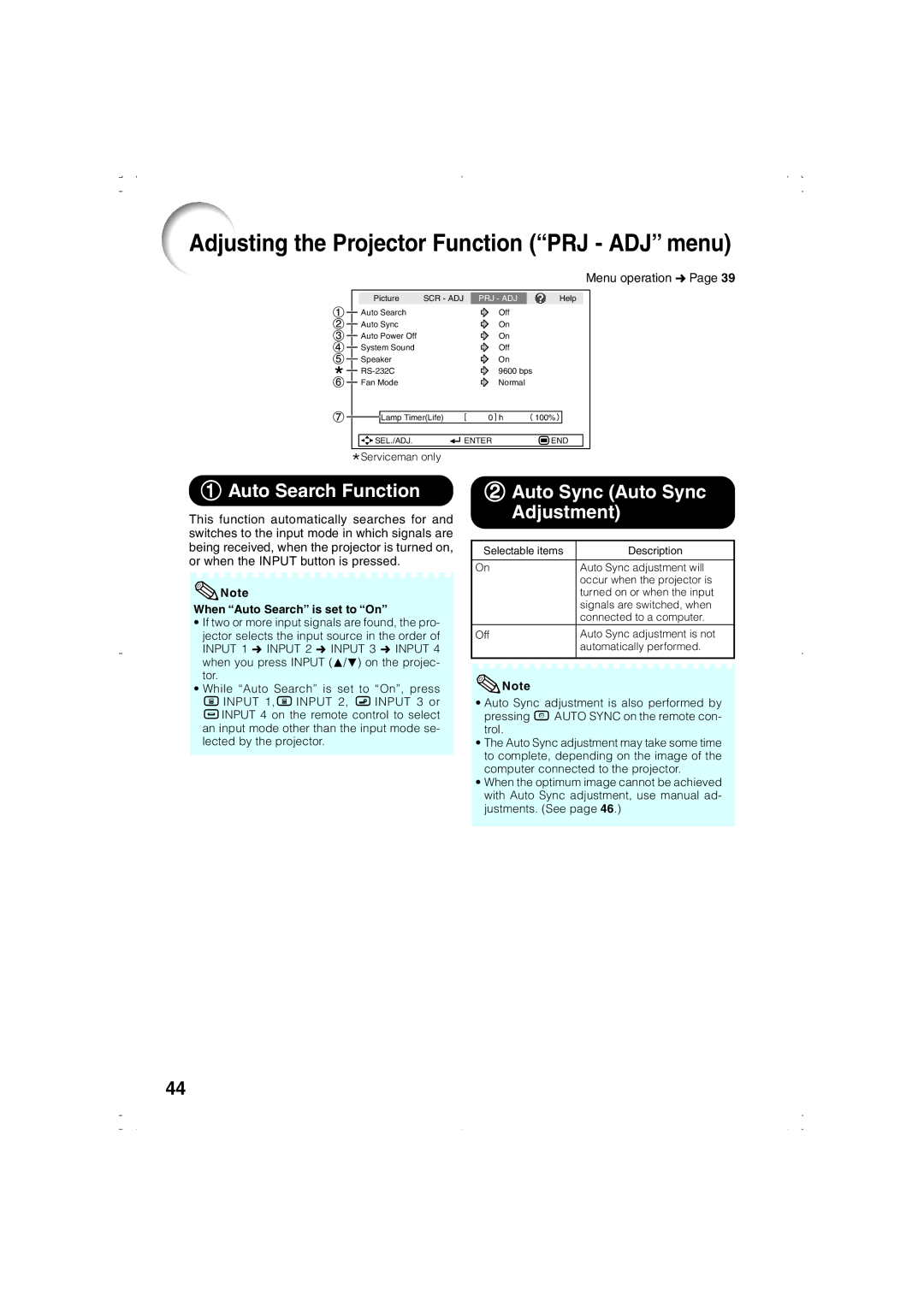 Eiki EIP-1000T owner manual Adjusting the Projector Function PRJ ADJ menu 