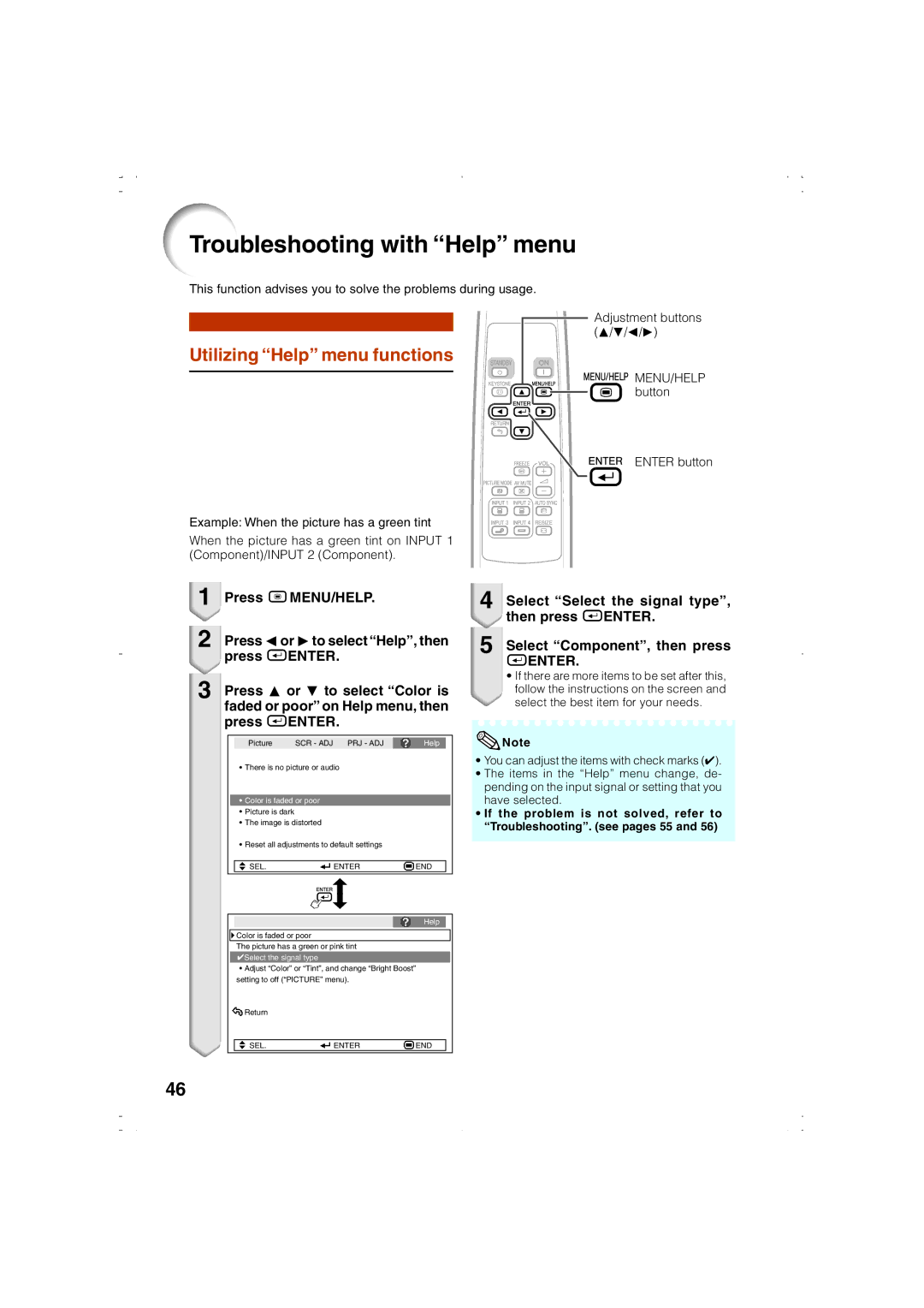 Eiki EIP-1000T owner manual Troubleshooting with Help menu, Utilizing Help menu functions, Press Oor Qto select Help, then 