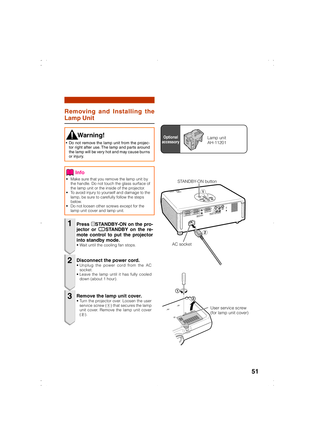 Eiki EIP-1000T owner manual Removing and Installing the Lamp Unit, Disconnect the power cord, Remove the lamp unit cover 