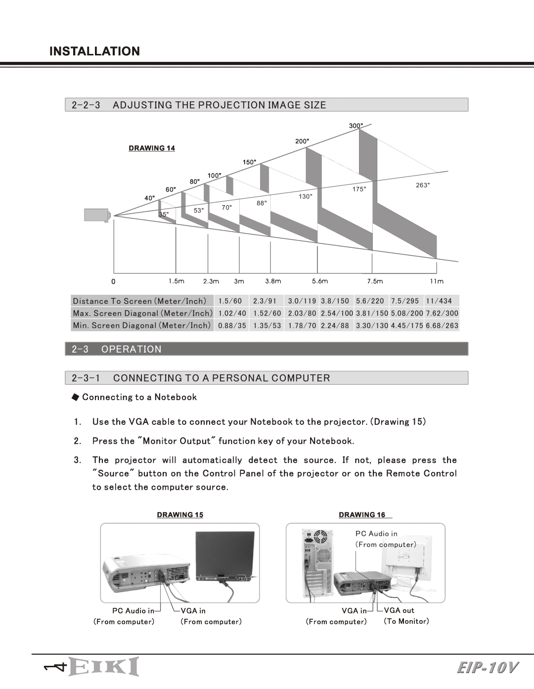 Eiki EIP-10V owner manual Adjusting The Projection Image Size, Operation, Connecting To A Personal Computer, Installation 