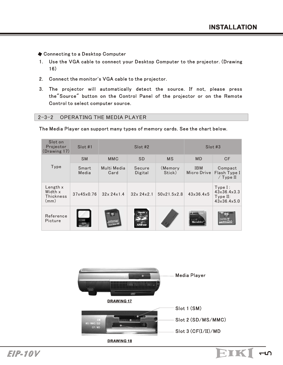 Eiki EIP-10V owner manual Operating The Media Player, Installation 