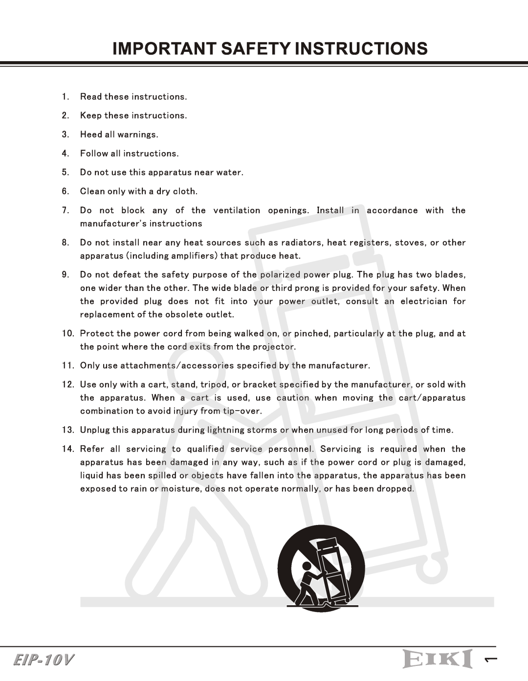 Eiki EIP-10V owner manual Important Safety Instructions 