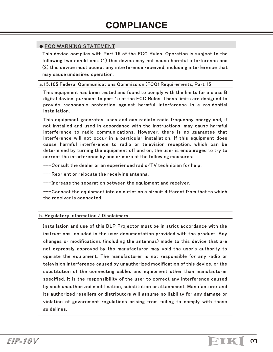 Eiki EIP-10V owner manual Compliance, Fcc Warning Statement 
