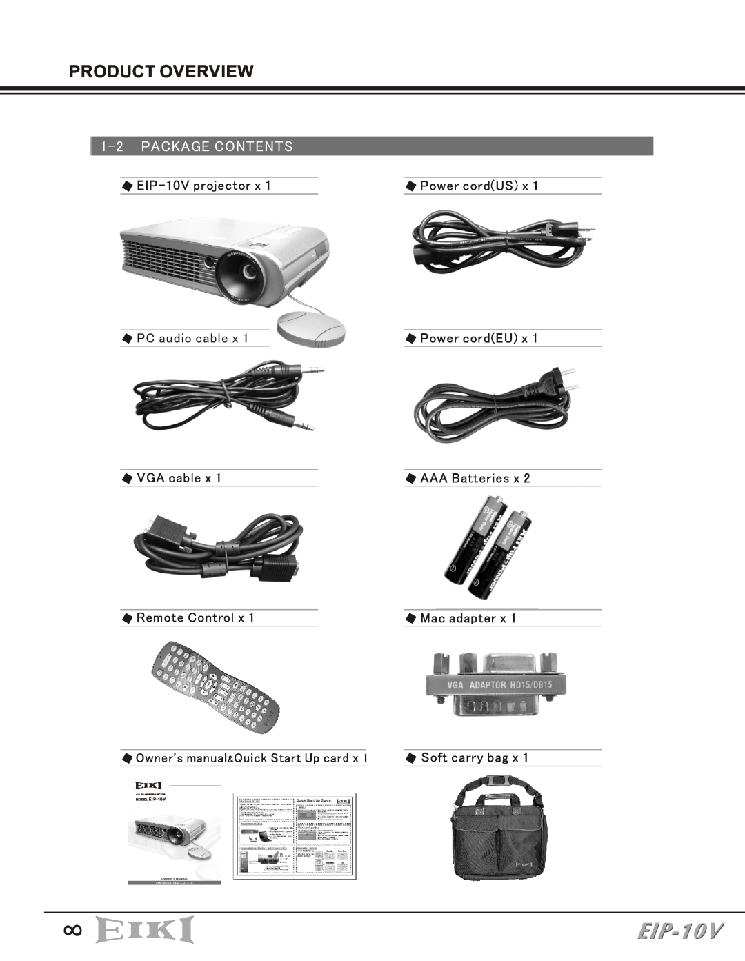 Eiki owner manual Product Overview, Package Contents, Soft carry bag, MODEL EIP-10V, All-In-One Projector 
