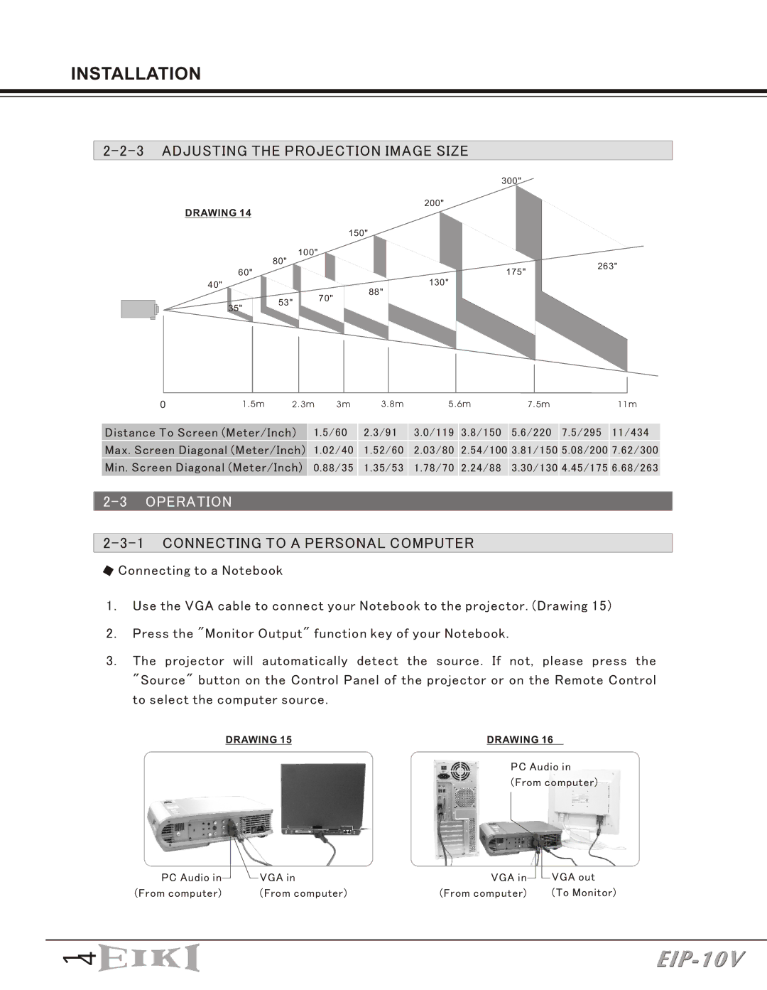 Eiki EIP-10V owner manual Adjusting the Projection Image Size, Operation, Connecting to a Personal Computer 