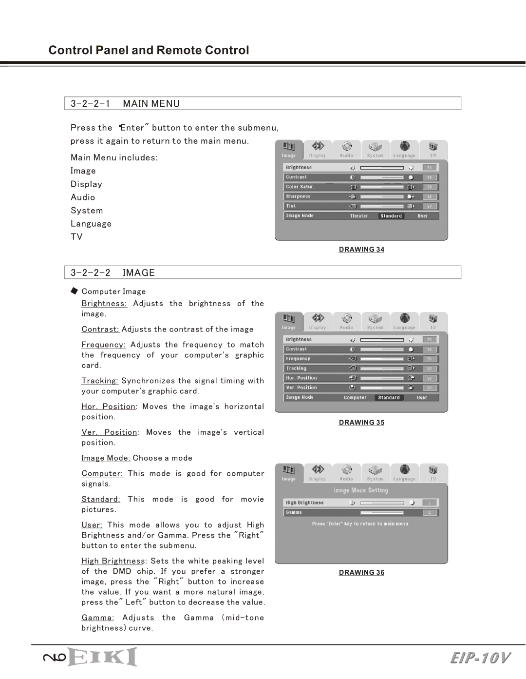 Eiki EIP-10V owner manual Main Menu, Image 