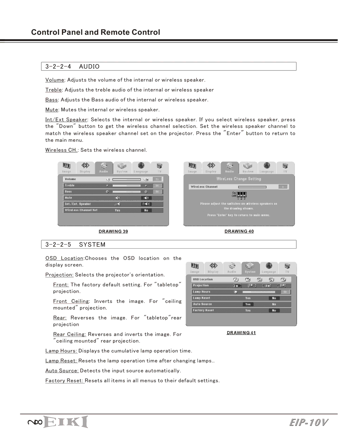 Eiki EIP-10V owner manual Audio, System 