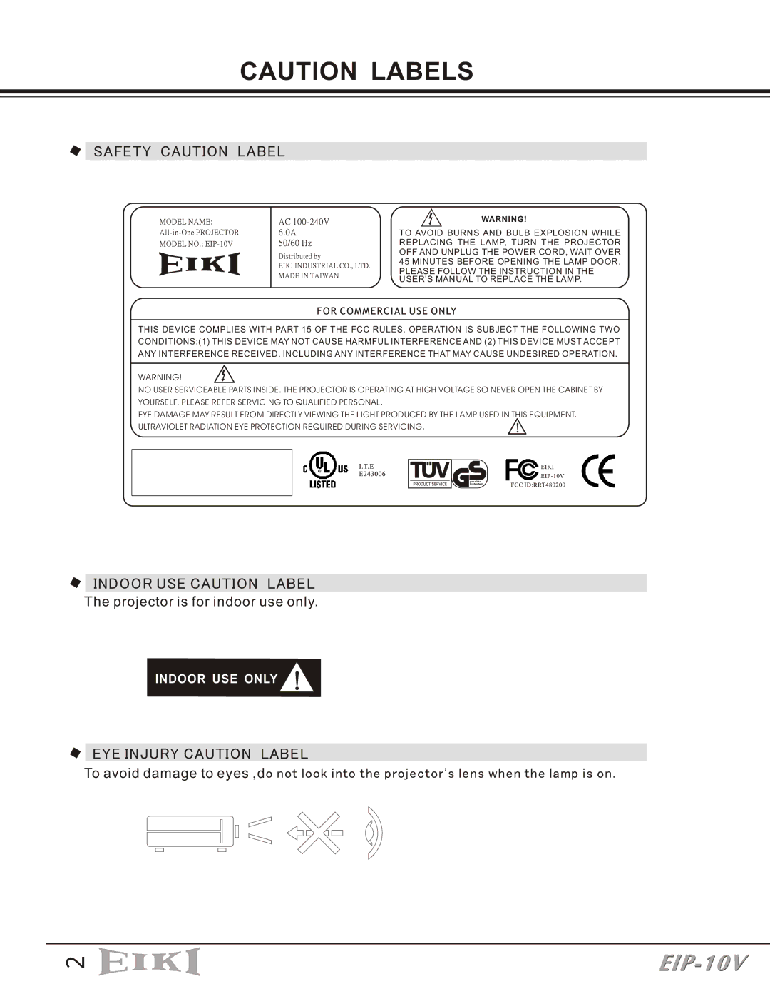 Eiki EIP-10V owner manual Safety Caution Label, Indoor USE Caution Label, EYE Injury Caution Label 